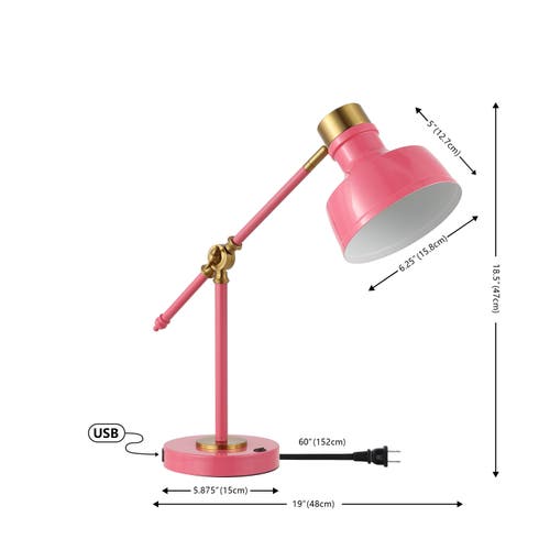 Jonathan Y Allegra Classic Farmhouse Adjustable Cantilever Led Task Lamp With Usb Charging Port In Pink/brass Gold