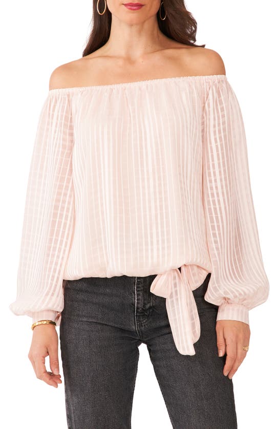 Shop Vince Camuto Satin Stripe Off The Shoulder Top In Apricot Illusion