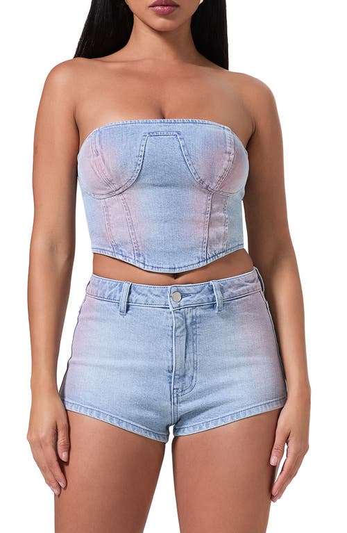 Shop Afrm Reid Crop Denim Tube Top In Blue Pink Denim Wash