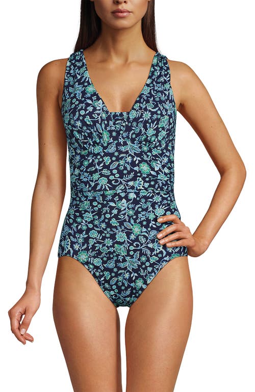 Shop Lands' End Slendersuit Grecian Tummy Control One Piece Swimsuit In Navy/turquoise Ornate Floral