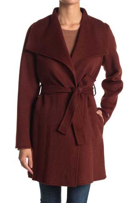 Tahari Ella Wing Collar Tie Waist Wool Blend Coat