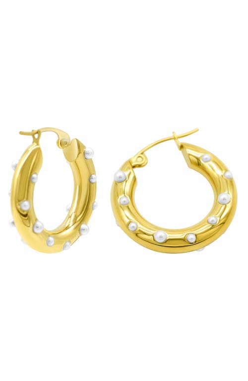 Shop Adornia Water Resistant Imitation Pearl Hoop Earrings In White/yellow Gold