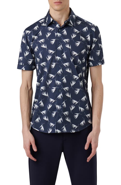 Bugatchi Miles OoohCotton Frond Print Short Sleeve Button-Up Shirt Navy at Nordstrom,