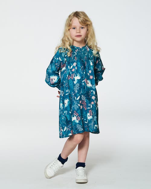 Shop Deux Par Deux Little Girl's Puffy Long Sleeve Viscose Dress Turquoise Printed Fairy Unicorn In Unicorn In The Fields