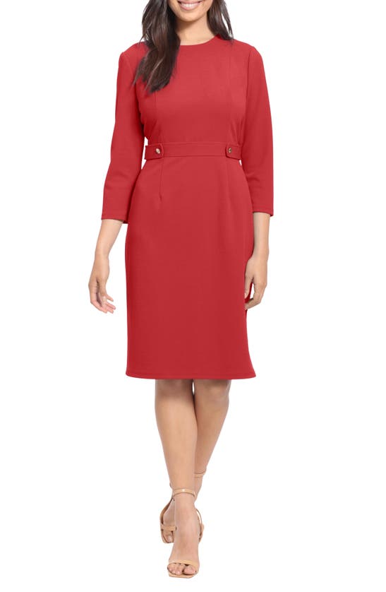 London Times Button Waist 3/4 Sleeve Sheath Dress In Red
