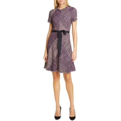 Rebecca Taylor Cotton Blend Tweed Fit & Flare Dress, Purple
