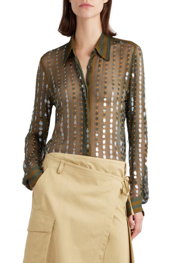 Shop Dries Van Noten Paillette Stripe Sheer Silk Chiffon Button-up Shirt In Khaki 606