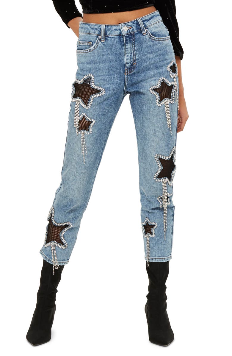 TOPSHOP Bleach Diamante Star Jeans, Main, color, LIGHT DENIM