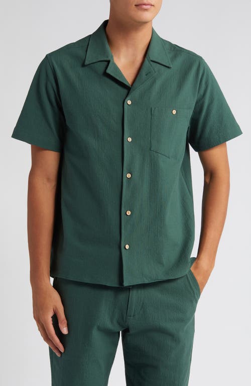 Textured Solid Short Sleeve Cotton Button-Up Shirt in Forest