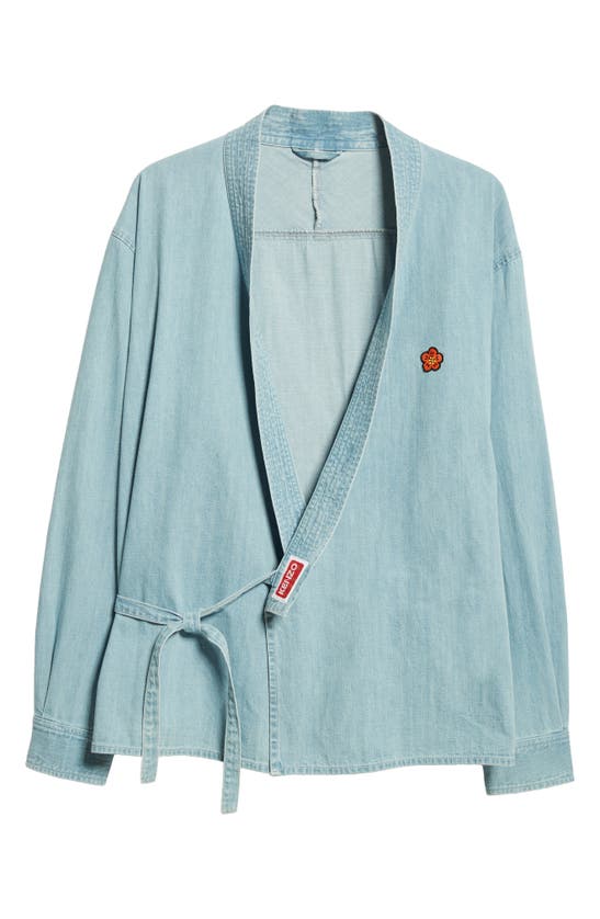 Shop Kenzo Cotton Denim Kimono Jacket In Stone Bleached Blue Denim