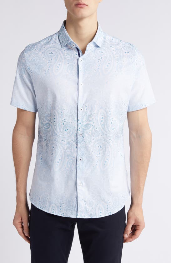 Shop Stone Rose Paisley Short Sleeve Trim Fit Button-up Shirt In Light Blue