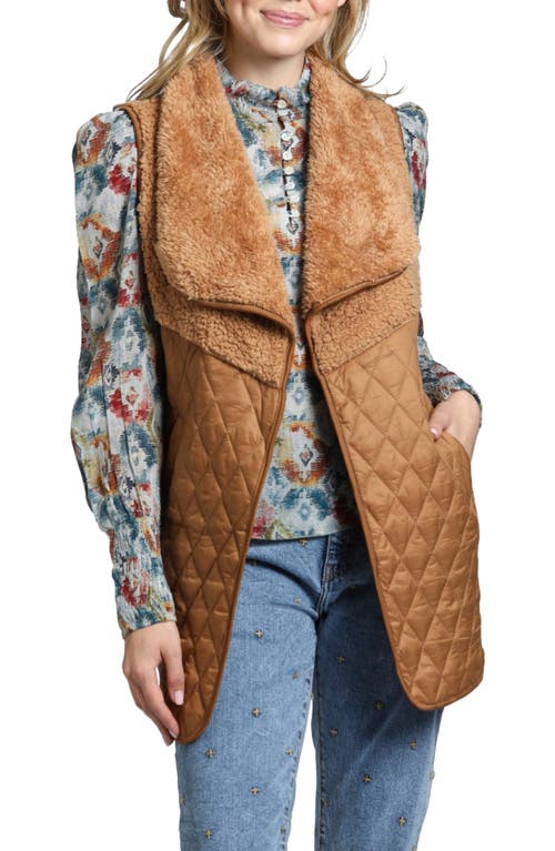 Apny Mixed Media Quilted Vest In Cognac
