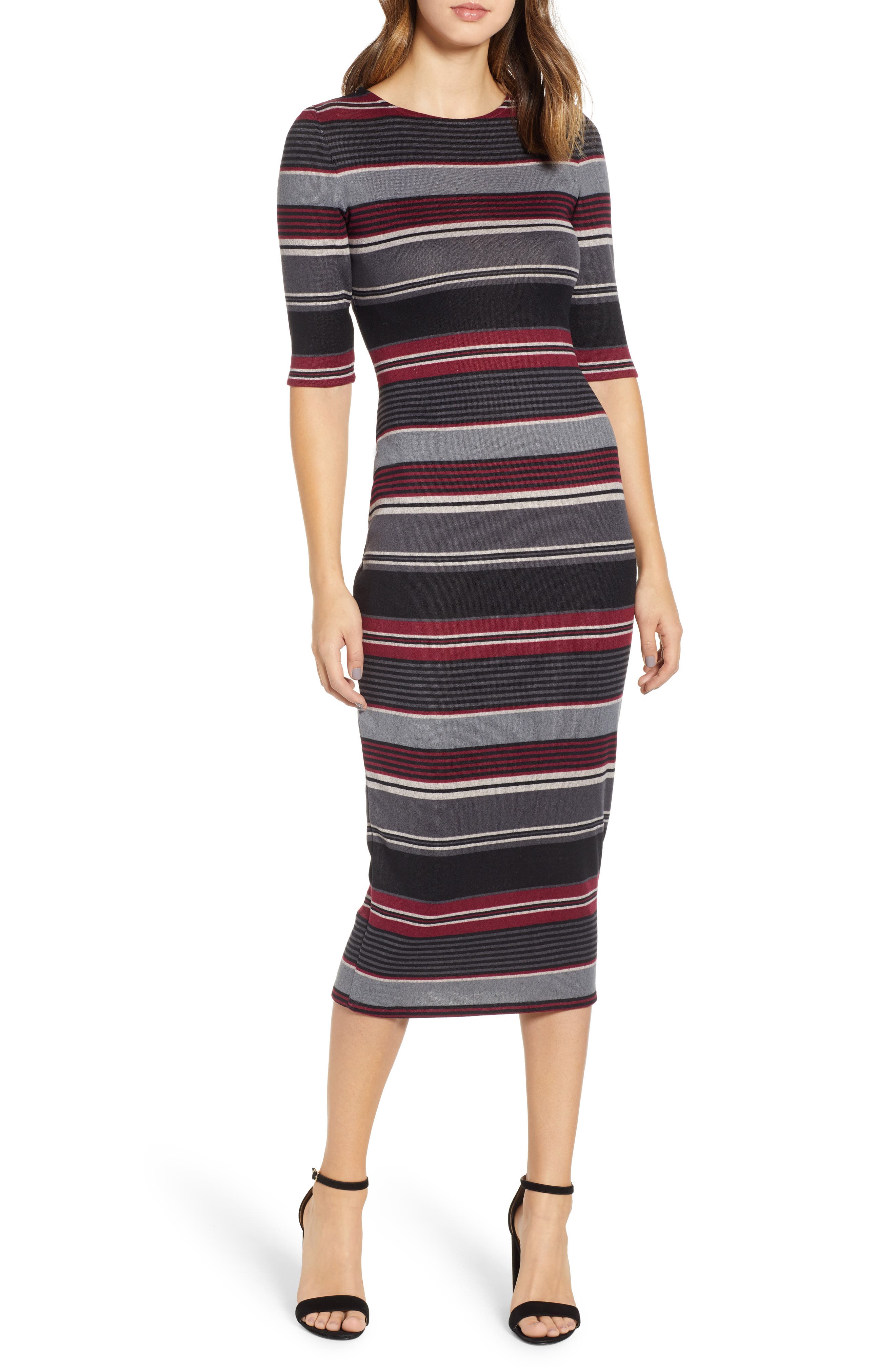 Sentimental Ny Stripe Body-Con Midi Dress, Grey