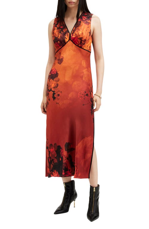 Shop Allsaints Karla Floral Print Satin Midi Dress In Adela Burnt Orange