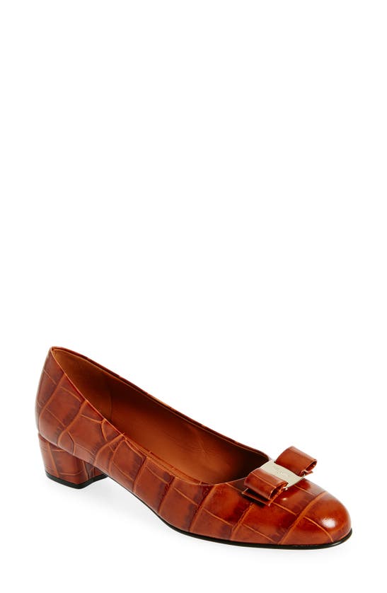 Shop Ferragamo Vara Croc Embossed Leather Pump In Cognac