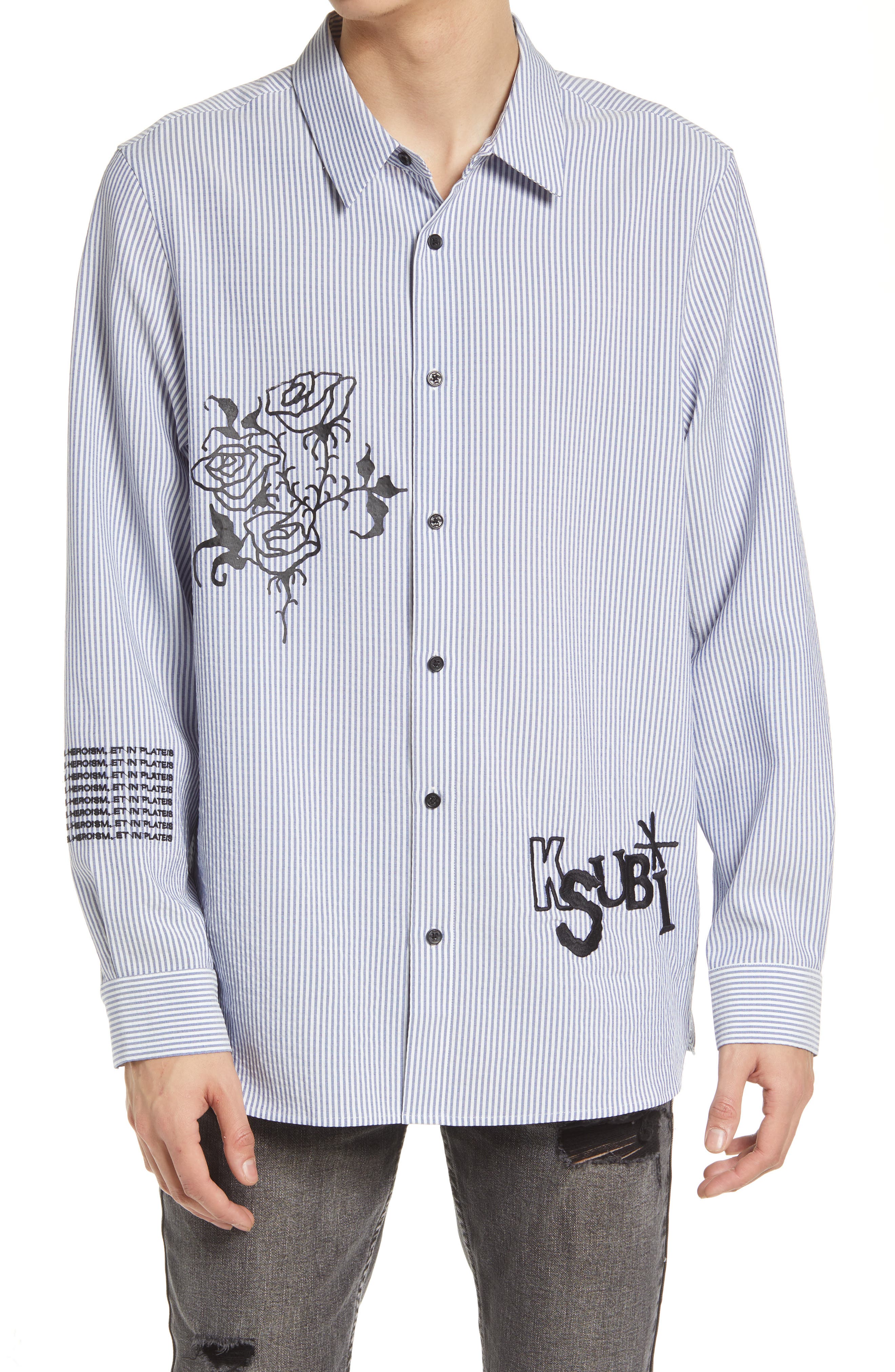 Ksubi Men's Rose Voltage Embroidered Pinstripe Button-Up Shirt in Blue at Nordstrom, Size X-Small
