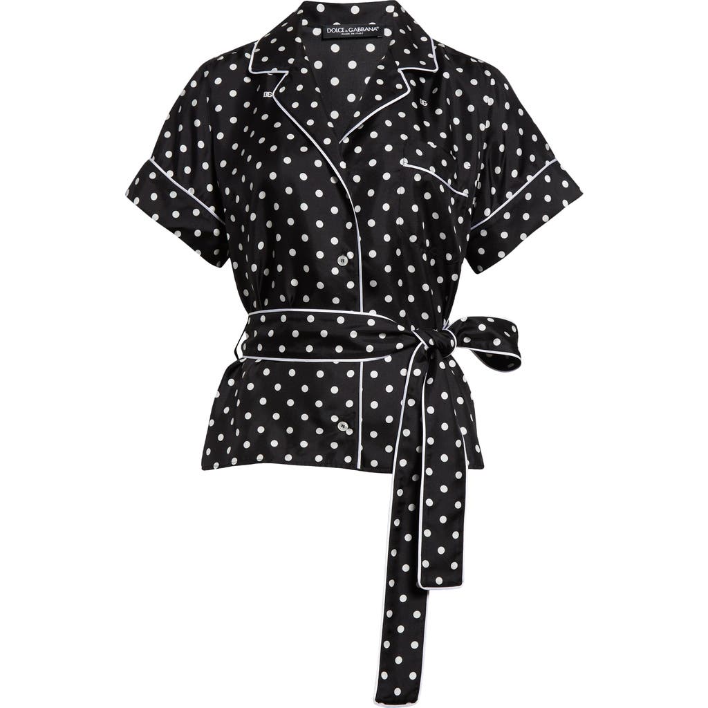 Dolce & Gabbana Short-sleeved Silk Pajama Shirt With Polka-dot Print In Nero