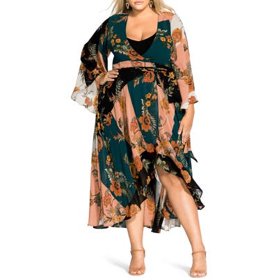 Plus Size City Chic Kado Long Sleeve Wrap Maxi Dress, Green