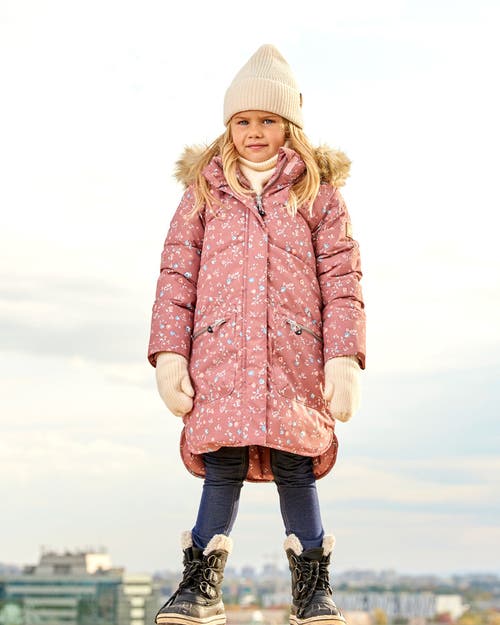 Shop Deux Par Deux Girl's Puffy Long Coat Dusty Pink With Small Flowers In Printed Vintage Mini Flowers