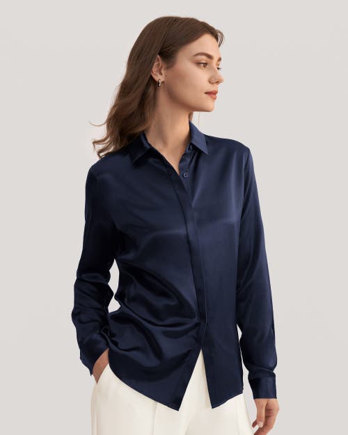Lilysilk Basic Concealed Placket Silk Shirt In Navy Blue