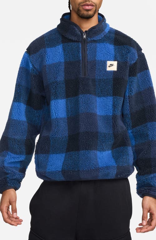 Shop Nike Club Plaid Therma-fit Fleece Half Zip Pullover In Dark Obsidian/game Royal