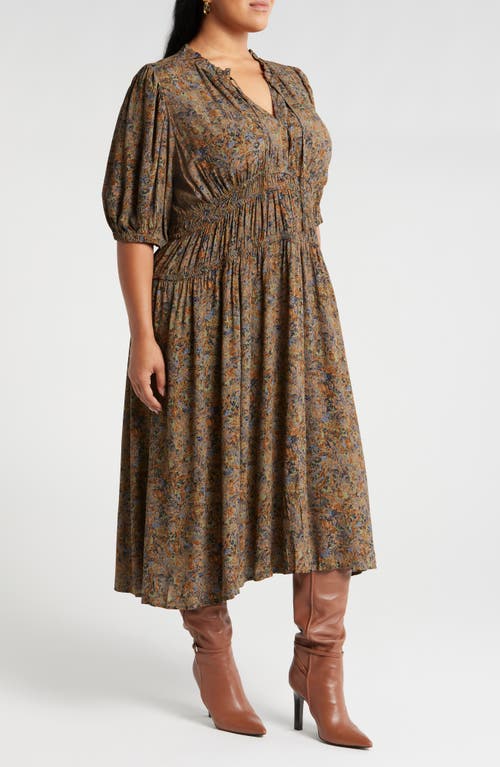 Shop Treasure & Bond Puff Sleeve Drop Waist Midi Dress In Olive- Blue Tawny Toile