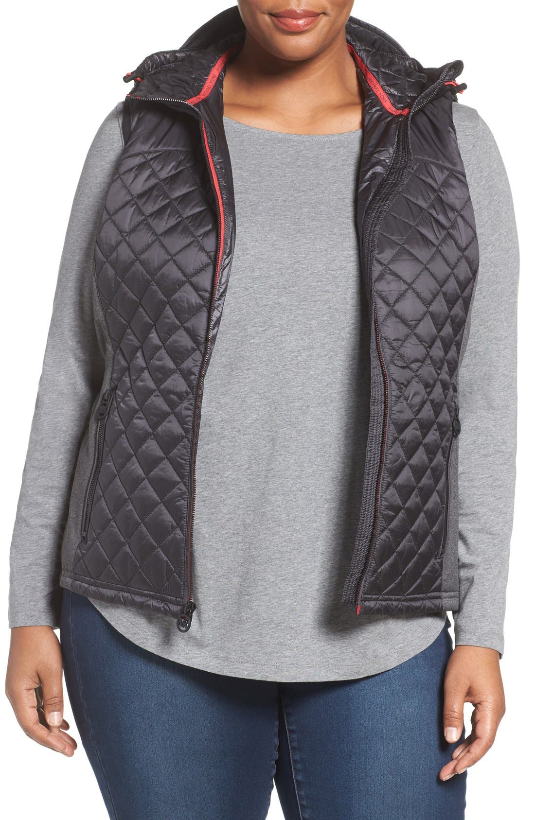 MICHAEL Michael Kors Mixed Media Hooded Front Zip Vest (Plus Size