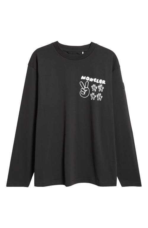 Shop Moncler Logo Long Sleeve Cotton Graphic T-shirt In Black Gray