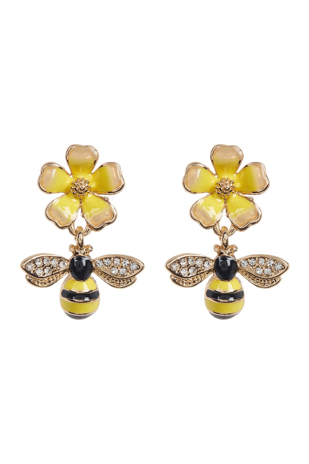 Bee earrings mid length gold plate yellow enamel crystal in gift box 