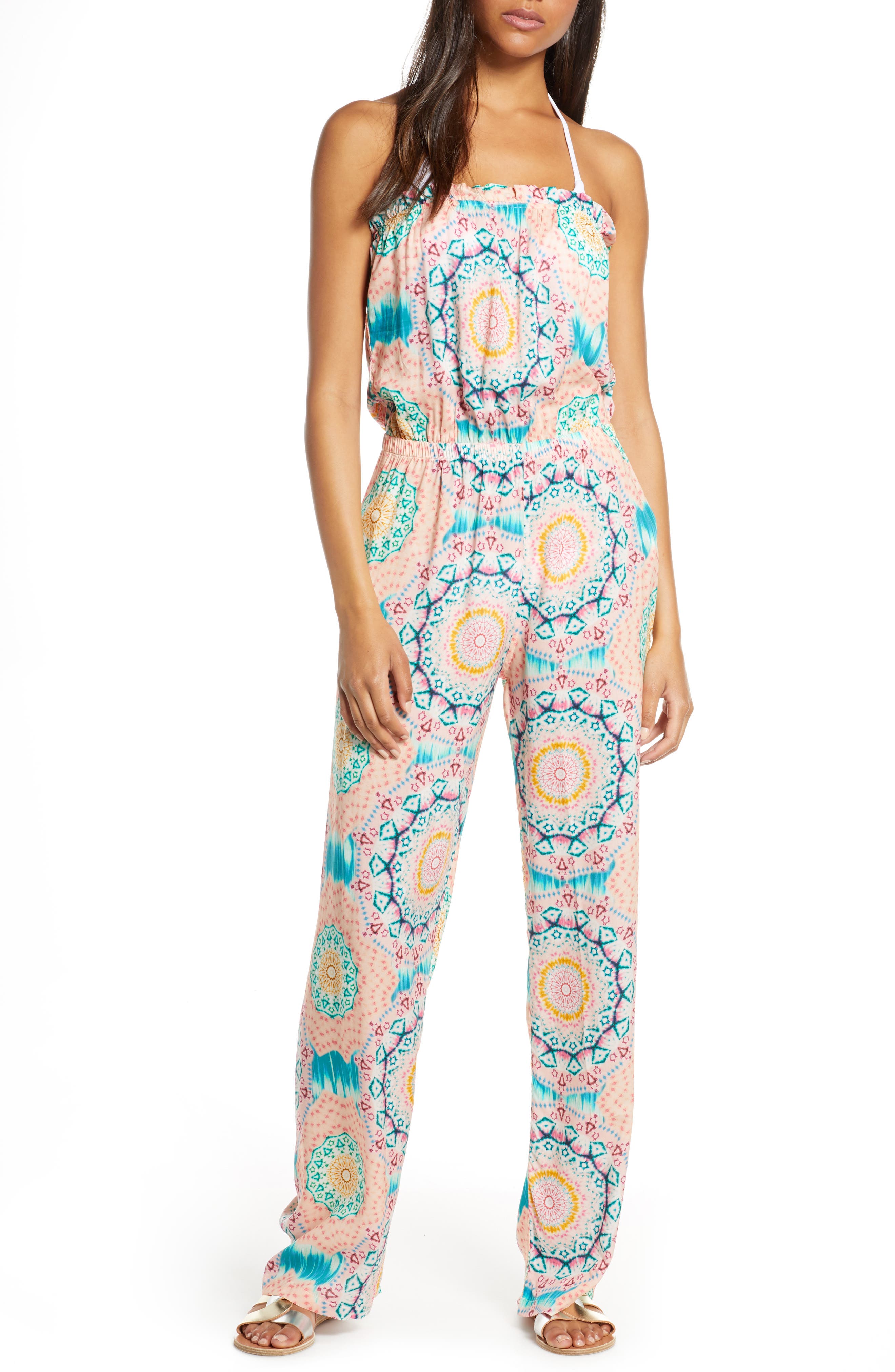 Luli Fama Strapless Cover-Up Jumpsuit, Blue/green