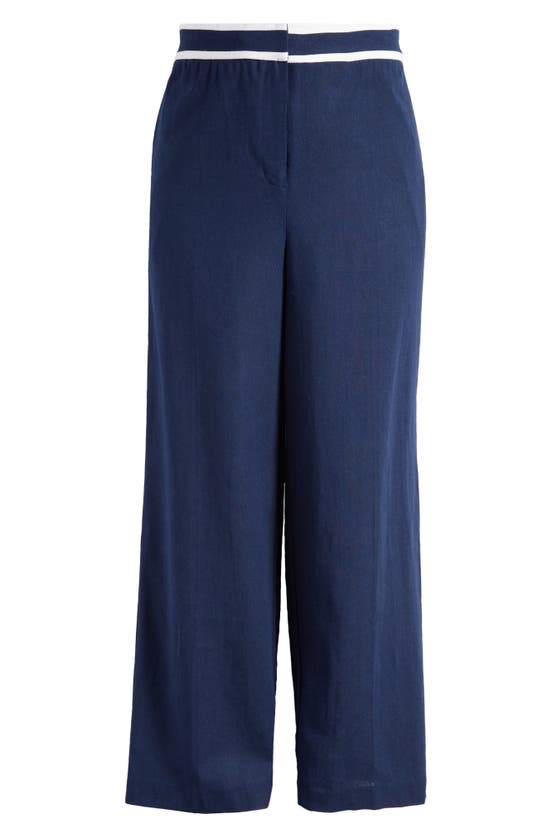 Shop Halogen (r) Stripe Wide Leg Linen Blend Pants In Classic Navy Blue