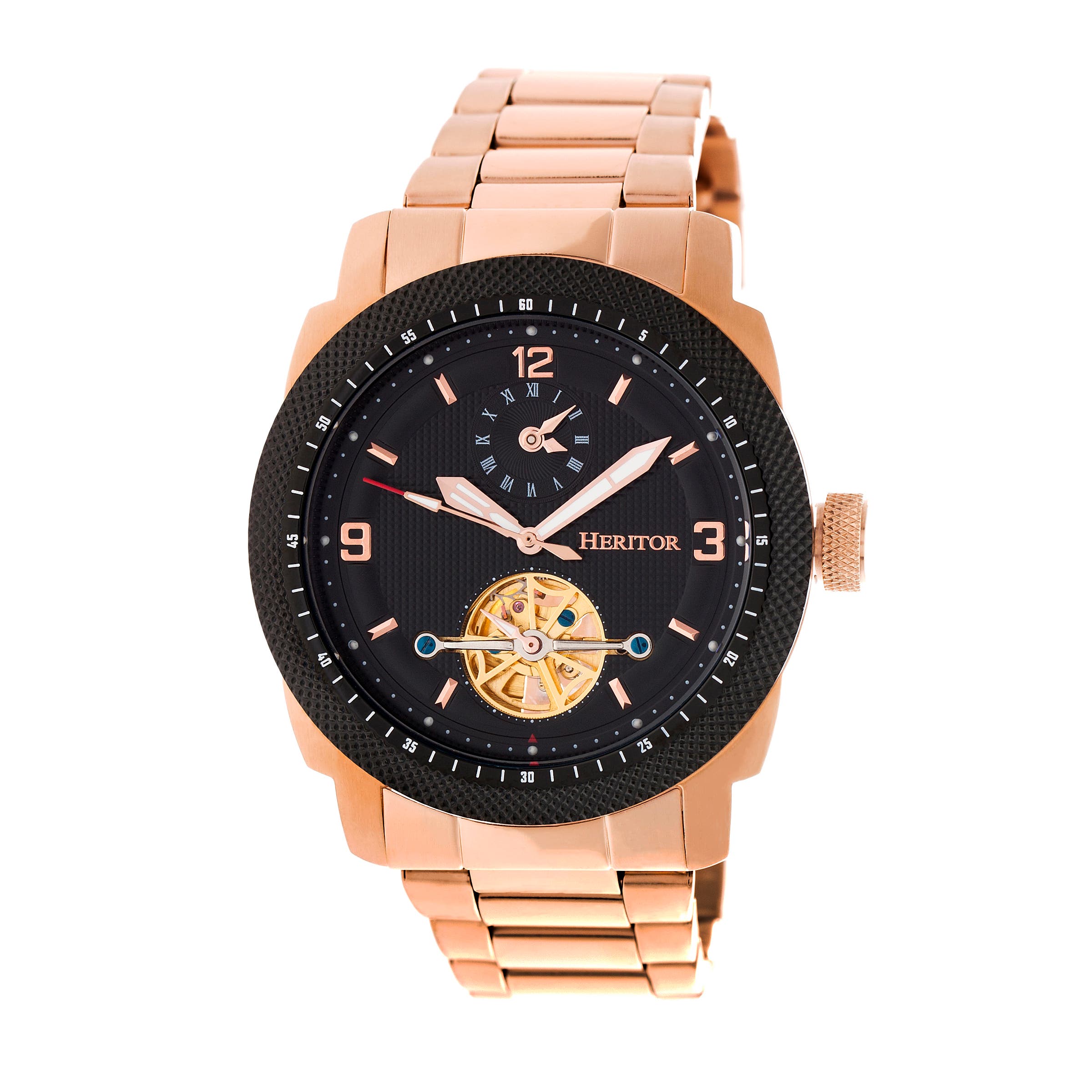 Heritor Automatic Helmsley Semi-Skeleton Leather-Band Watch in Rose Gold/black Cover