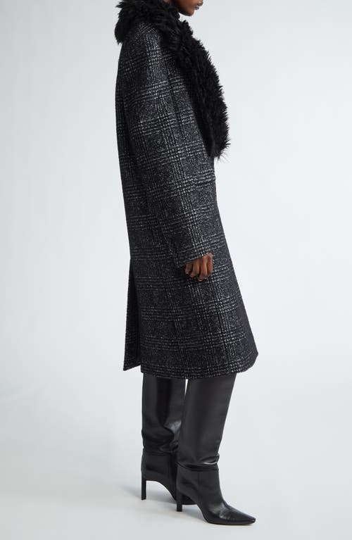 Shop Michael Kors Collection Glen Plaid Chesterfield Coat With Faux Fur Collar In Black/white