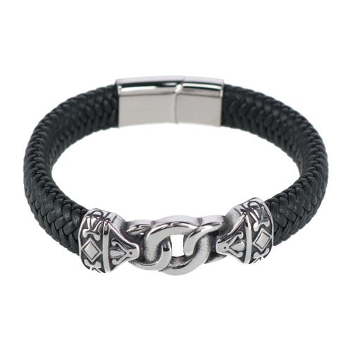 Shop Trafalgar Silver Interlock Pattern On Black Leather Bracelet