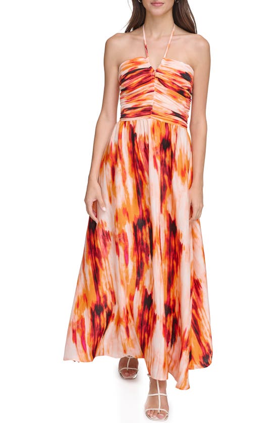 Shop Dkny Tie Dye Halter Neck Satin Maxi Dress In Orange Blossom Multi