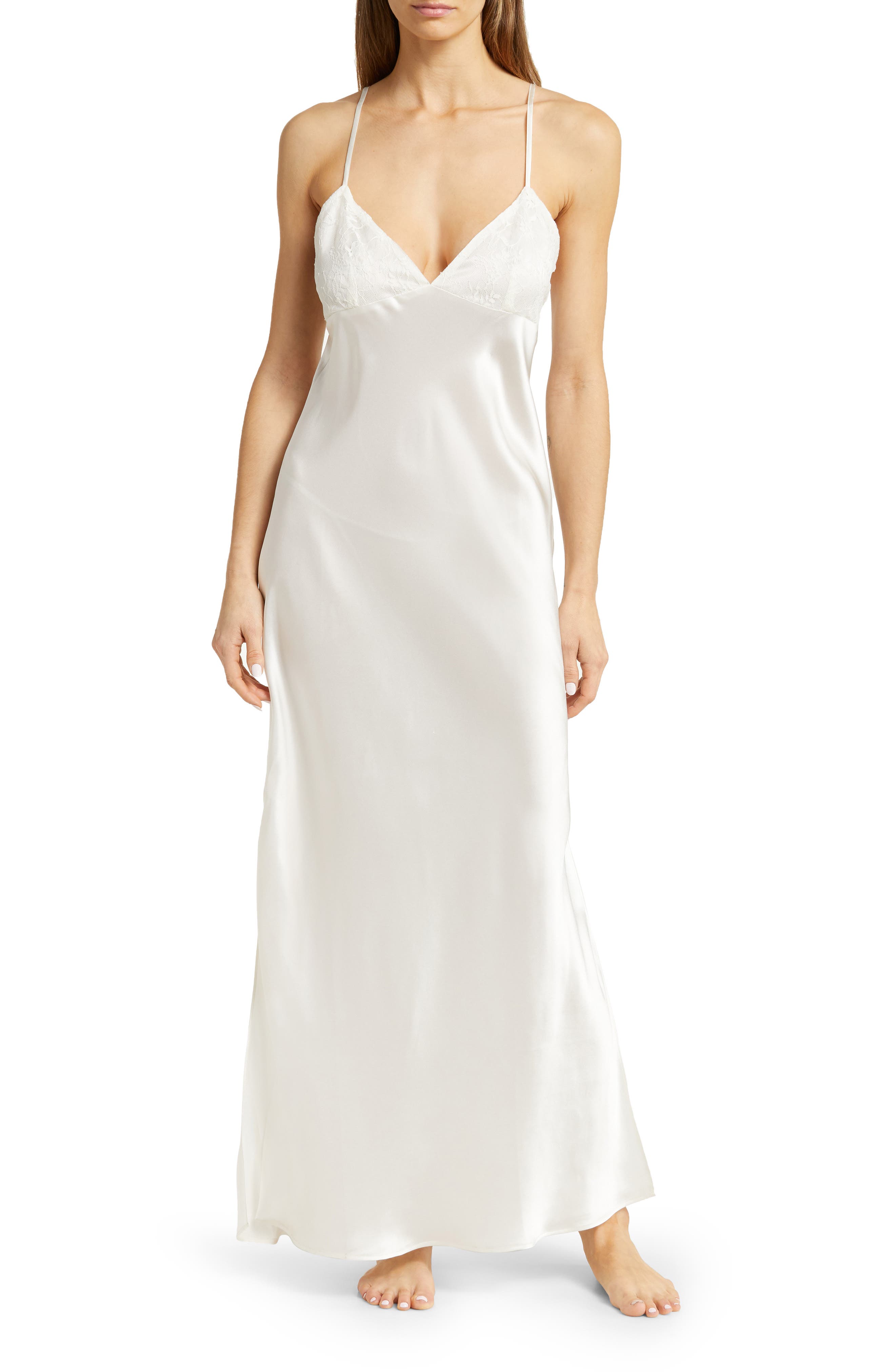 Nordstrom Lace Trim Washable Silk Nightgown In Ivory Cloud | ModeSens