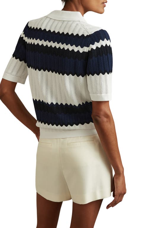 Shop Reiss Alba Stripe Button-up Polo Sweater In Navy/white