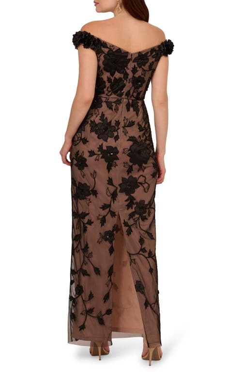 Shop Adrianna Papell Beaded Off The Shoulder Column Gown In Black/rosegold