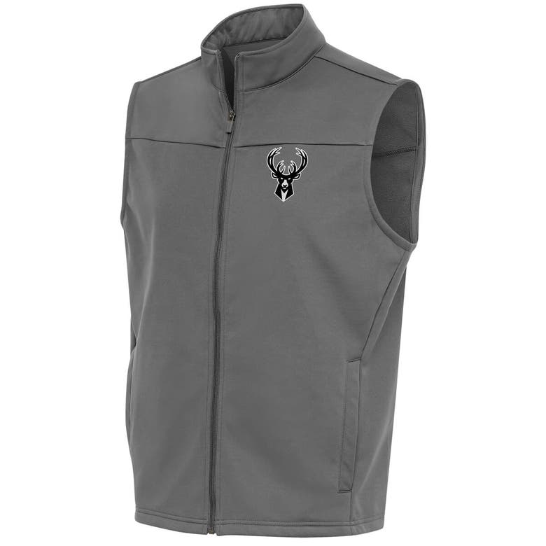 Antigua Steel Milwaukee Bucks Metallic Logo Links Full-zip Golf Vest In Gray
