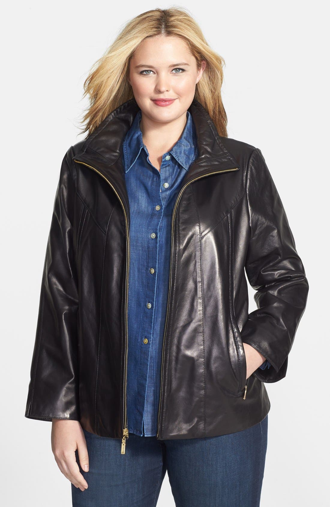 Ellen Tracy Front Zip Lambskin Leather ALine Jacket (Plus Size