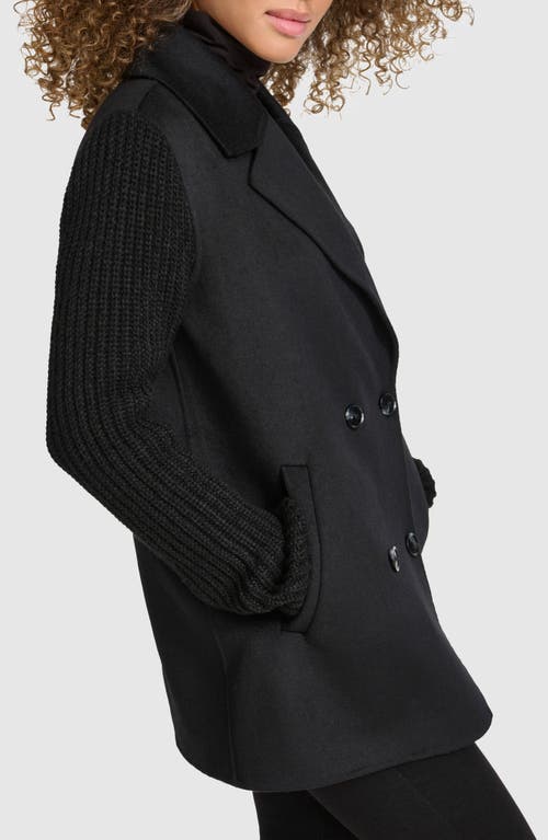 Shop Kenneth Cole Double Breasted Knit Sleeve Double Face Wool Blend Coat In Black