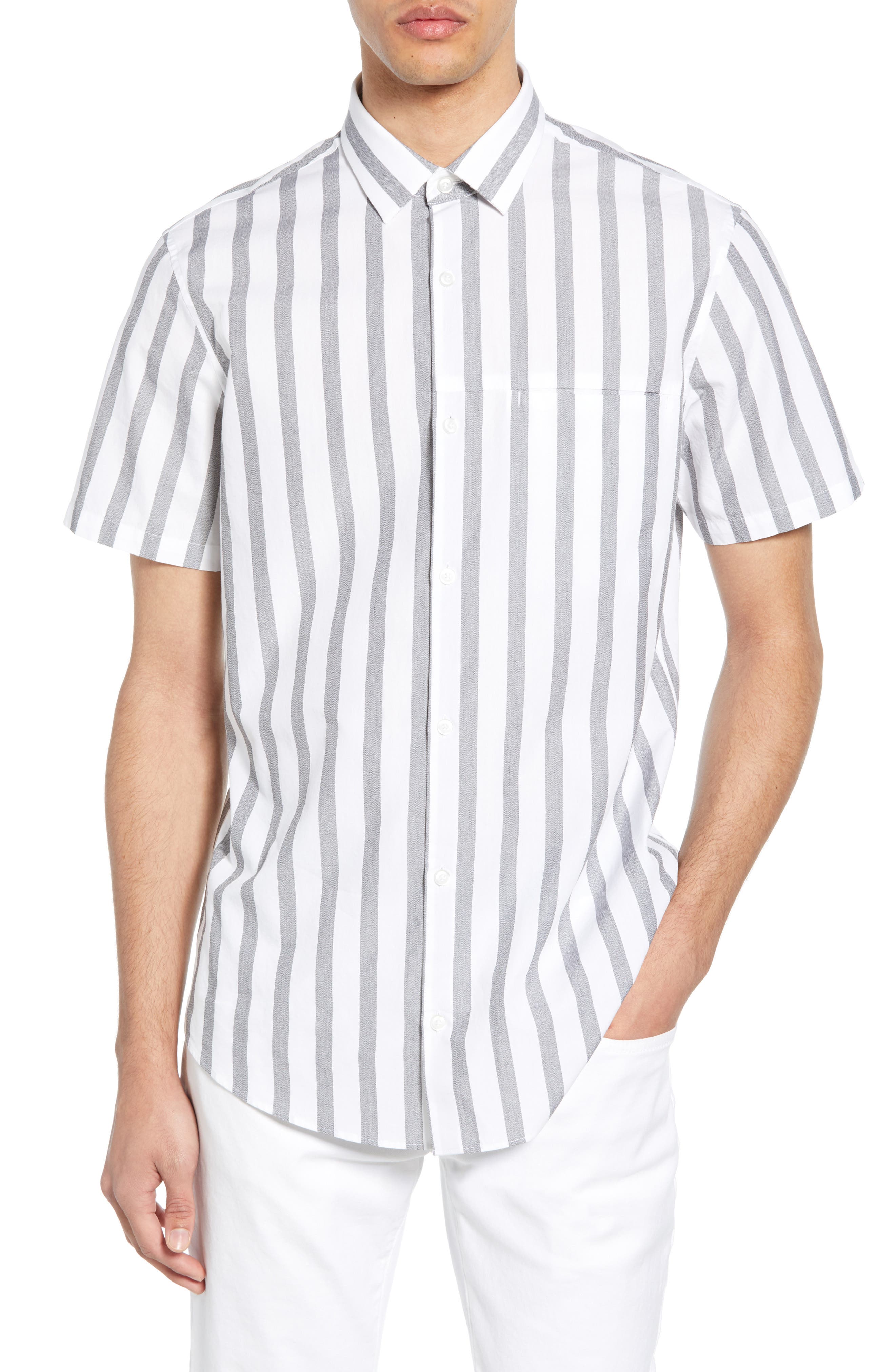 Calibrate Mini Collar Stripe Cotton Slim Fit Sport Shirt, White
