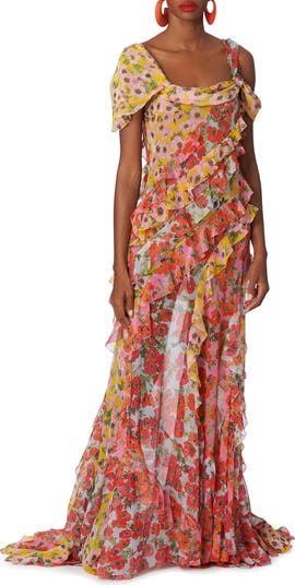 Carolina Herrera Anemone Print Single Cold Shoulder Silk Chiffon