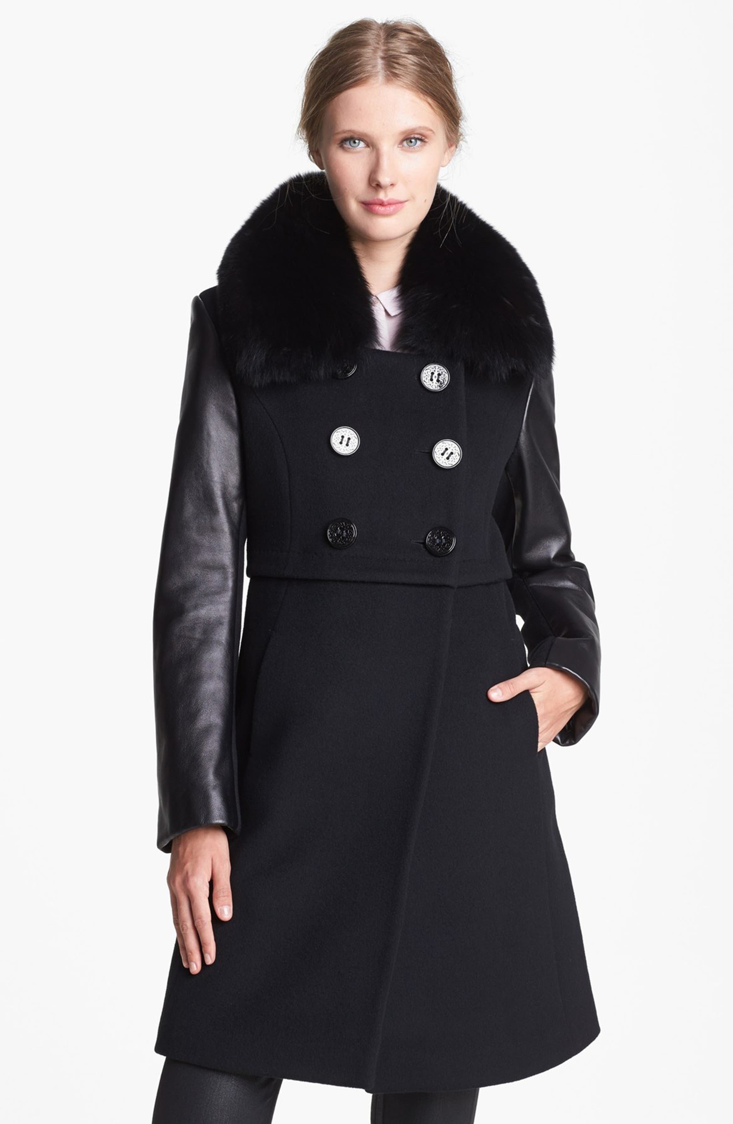 Elie Tahari 'Maddie' Leather Sleeve Coat with Genuine Fox Fur | Nordstrom