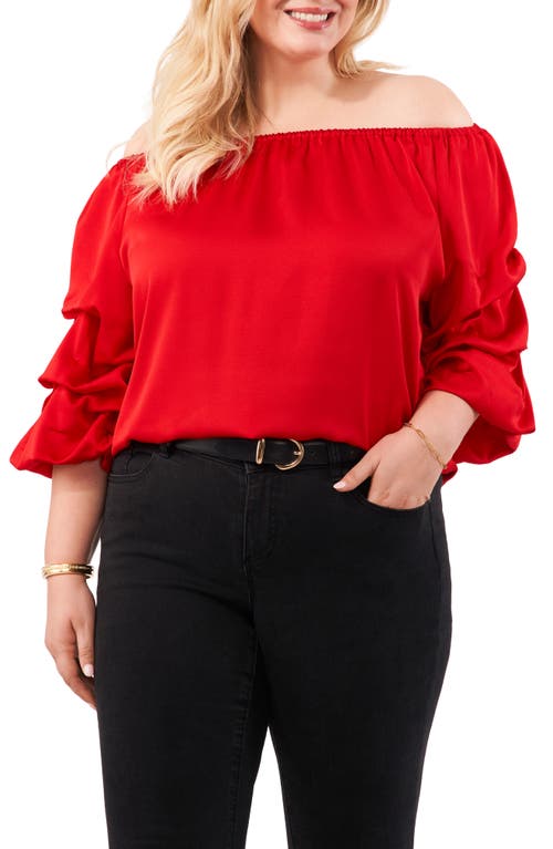 Shop Vince Camuto Off The Shoulder Bubble Sleeve Satin Top In Ultra Red