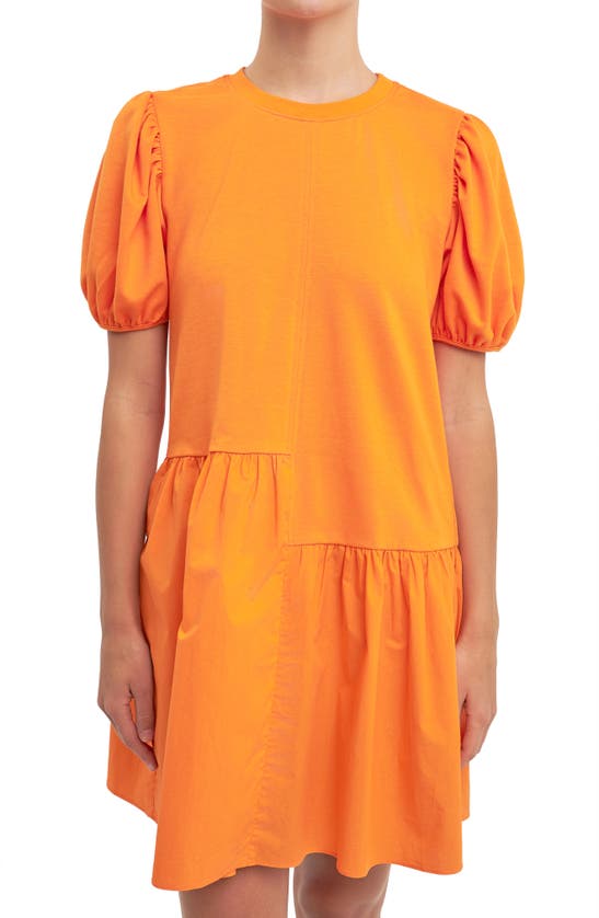 English Factory Puff Shoulder Mixed Media Minidress In Orange