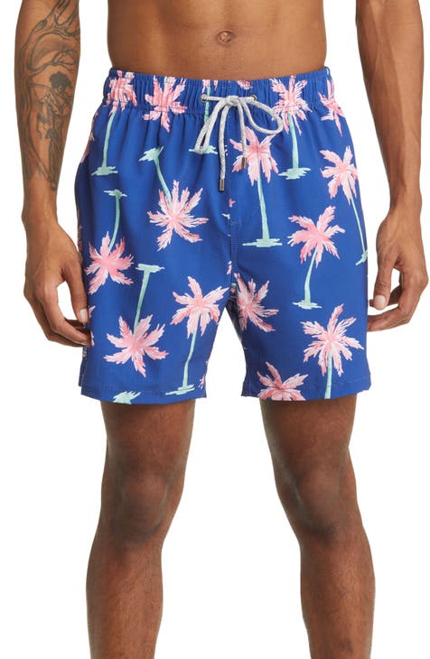 Pink Mens Seersucker Shorts with Green Embroidered Palm Trees