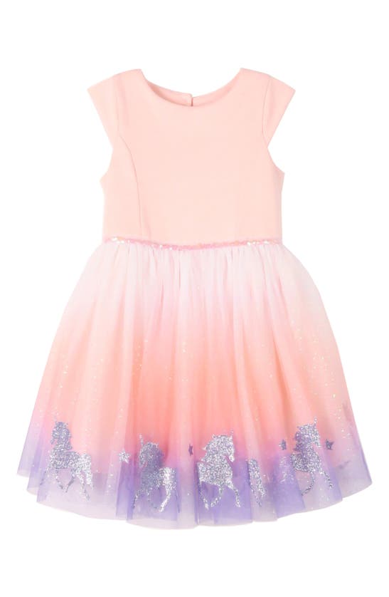 Zunie Kid's Glitter Unicorn Cap Sleeve Tulle Dress In Peach/ Lilac