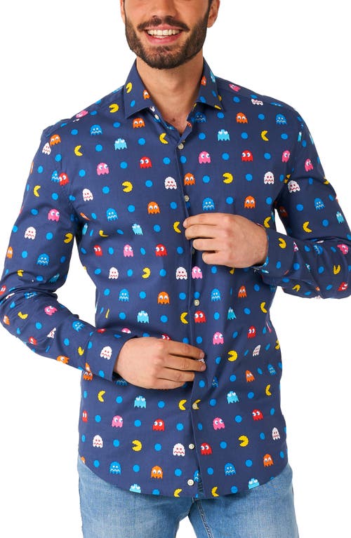 Pixel Pac-Man Stretch Button-Up Shirt in Blue