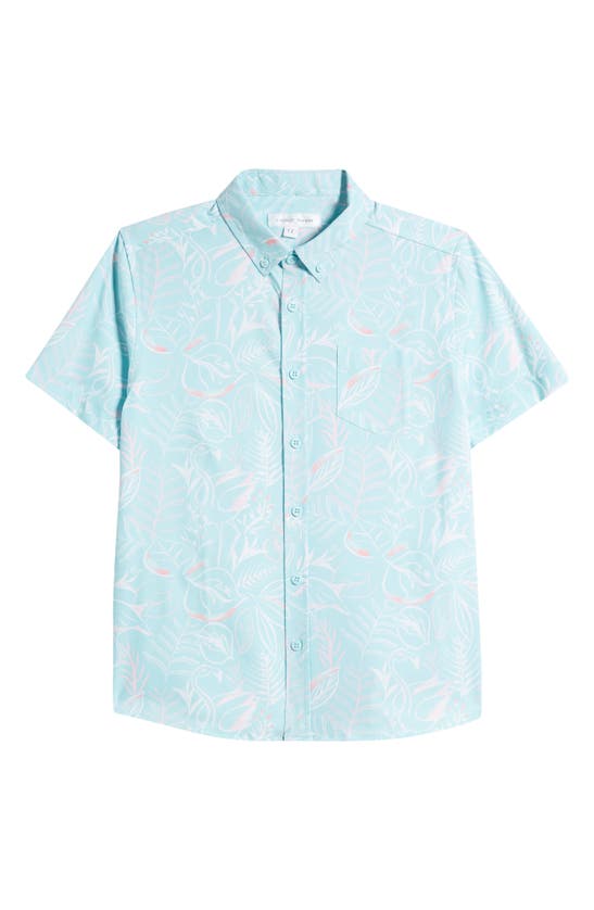 Shop Vintage Summer Kids' Short Sleeve Stretch Button-down Shirt In Mint Blue